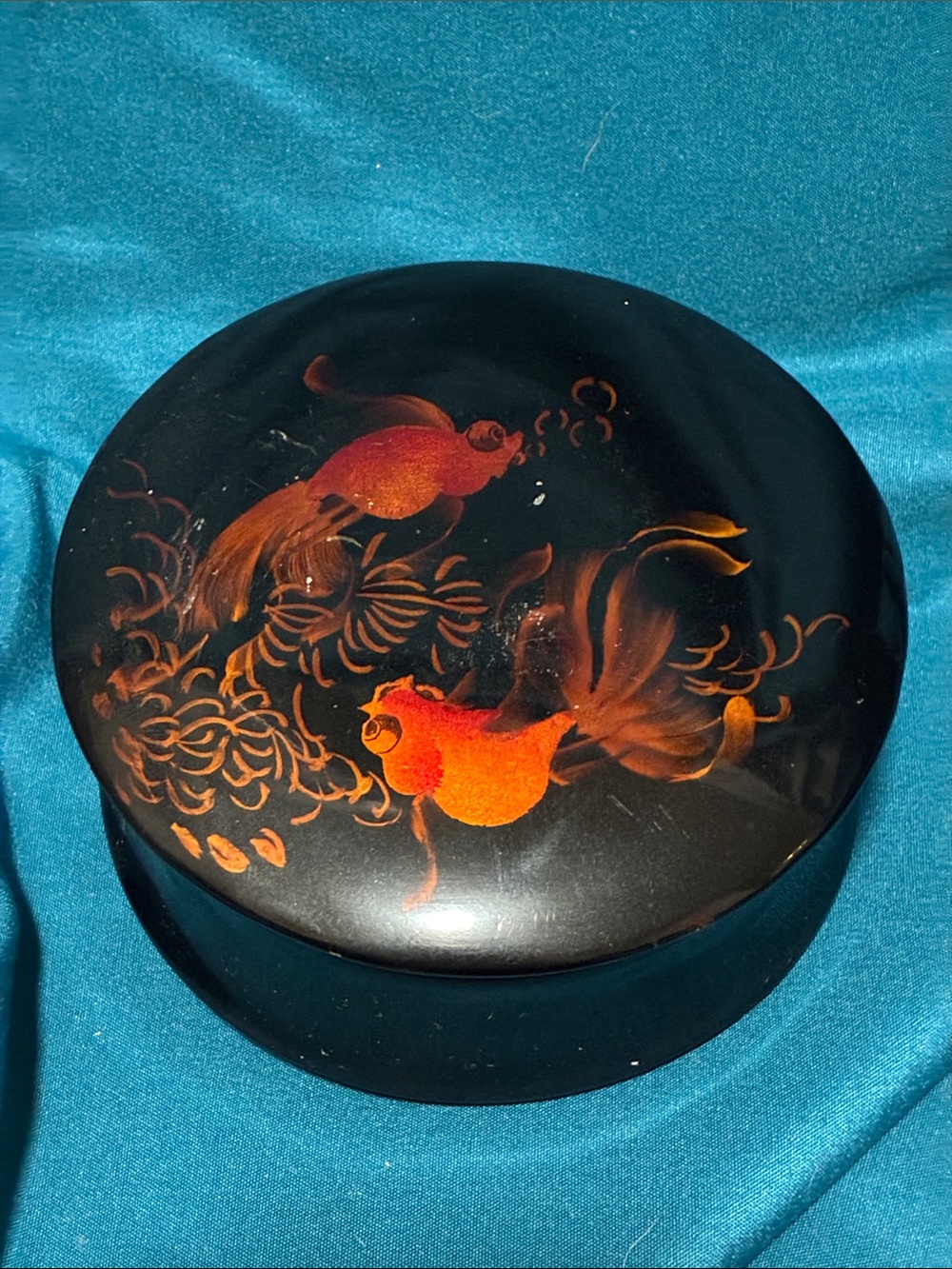 Vintage Black Trinket Box with Orange Goldfish/ Koi Fish Motif